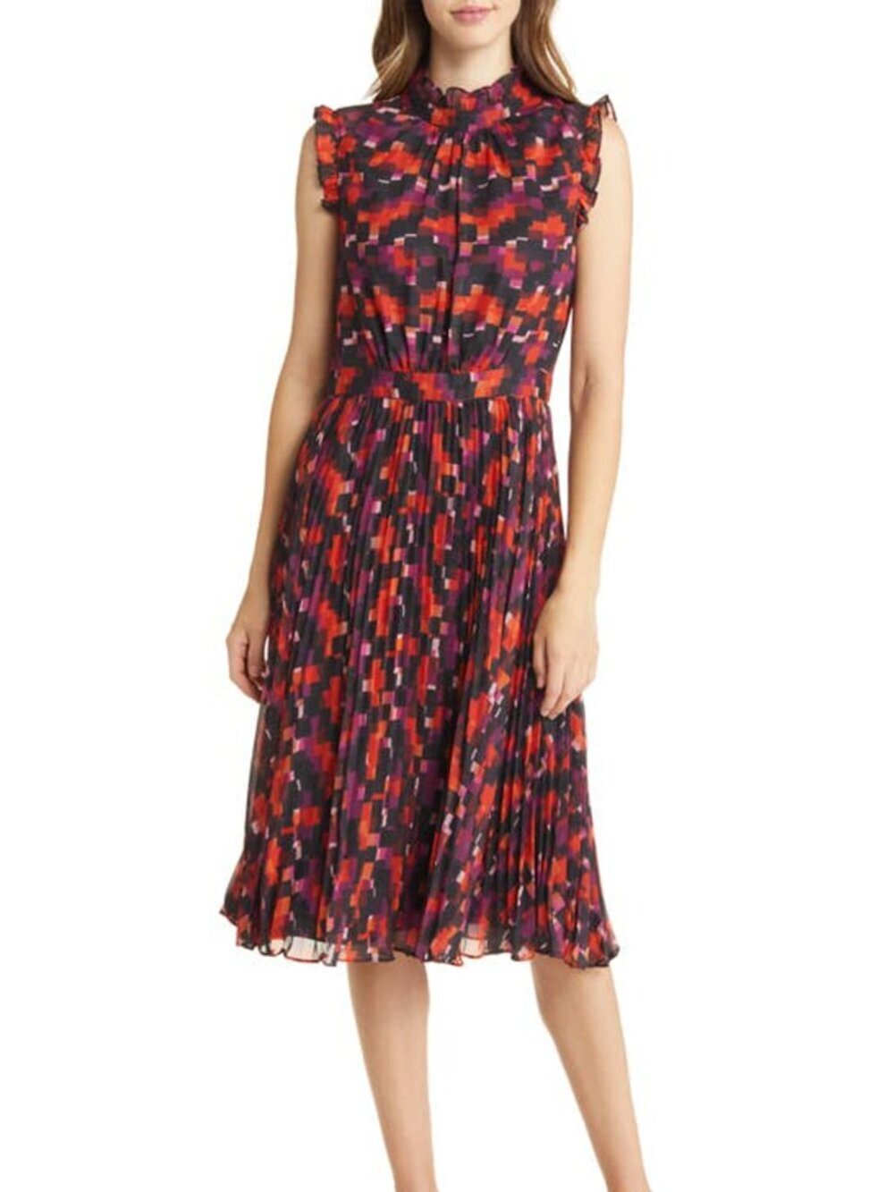 Maggy London Pleated Ruffle Cap Sleeve Midi Dress red pink square shift new 6